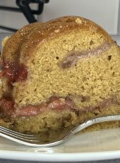 peanut butter cake with strawberry rhubarb filling